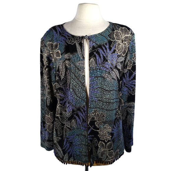 Floral Patterned Women's Jacket - Black and Blue - Picture 1 of 8